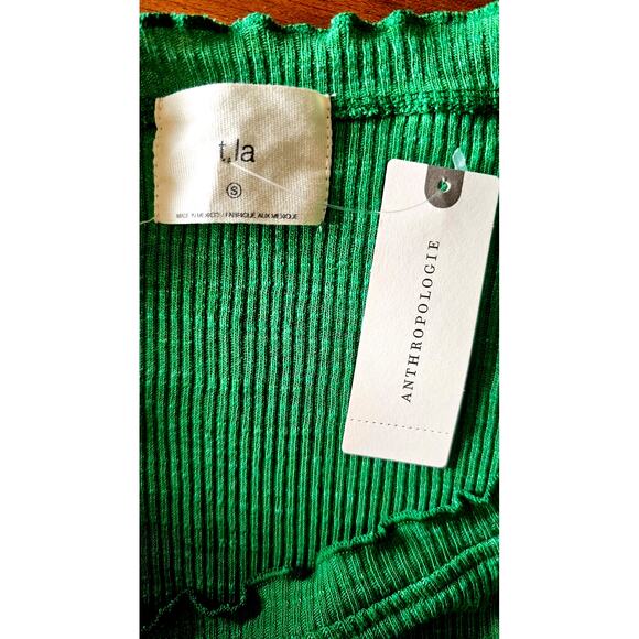 t.la Anthropologie Short Sleeve Ribbed T Shirt. Ruffled Trim, Holly, Sz S NEW - Picture 4 of 6